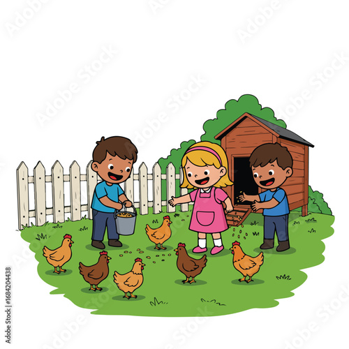 Three children feeding chickens at a coop and fence