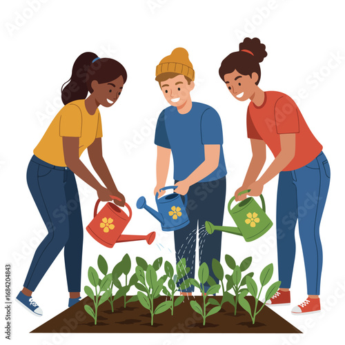 Three children water plants in a garden