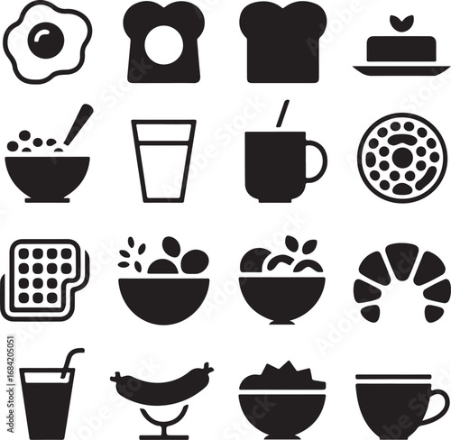 Breakfast food icons fried egg toast cereal juice sausage croissant waffle meal