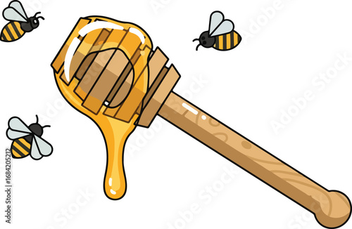 Honey dipper with honey dripping and bees flying around.
