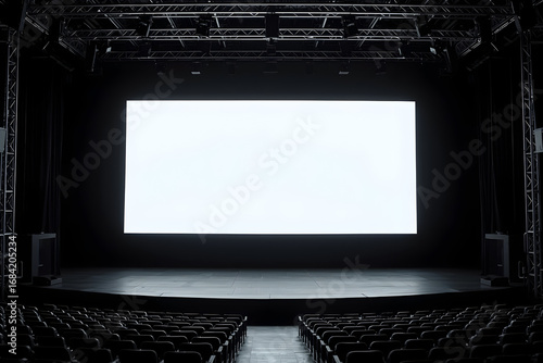 Empty modern theater with large projection screen and comfortable seating, showcasing technology