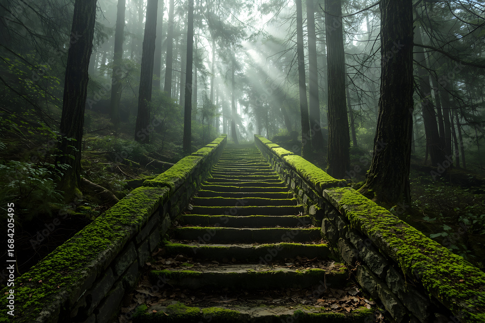Obraz premium Enigmatic stone staircase ascending into a misty forest with sunbeams piercing the canopy
