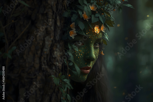 Enigmatic Enchantress, A Forest Spirit's Gaze Amidst Foliage and Flora in Whispering Woods