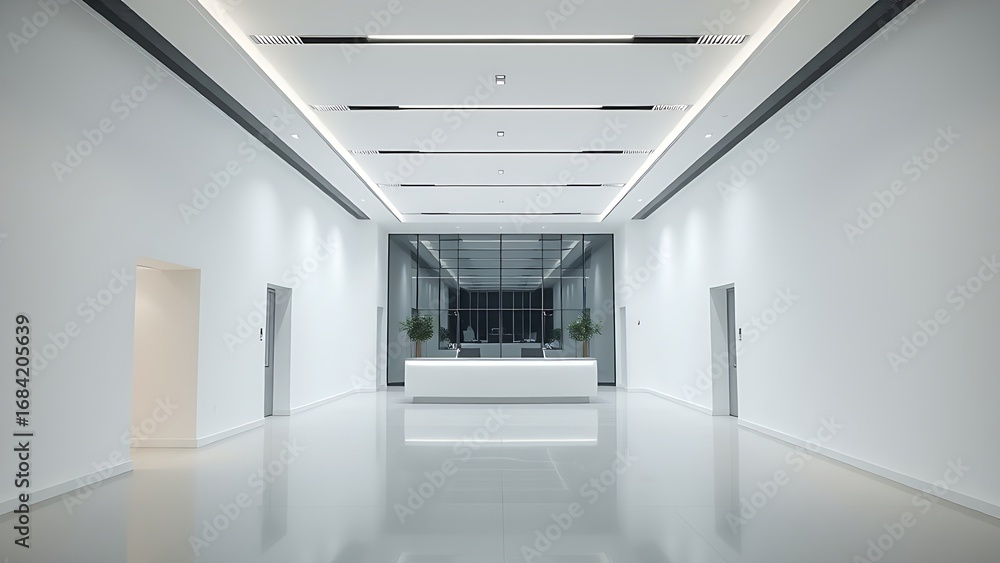 Fototapeta premium Modern office reception with clean white walls and minimalist design, showcasing professional and spacious environment.