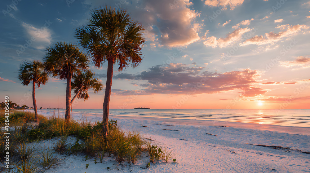 Fototapeta premium Picturesque Beach Sunset with Palm Trees Casting Shadows on the White Sand with Colorful Clouds and Ocean Reflections