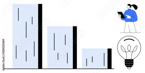 Bar chart showing decreasing values, lightbulb symbolizing ideas, and individual analyzing details via tablet. Ideal for business, data analysis, creativity, innovation, research, analytics simple