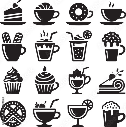 Collection of sweet desserts and hot drinks in black silhouette cake slice