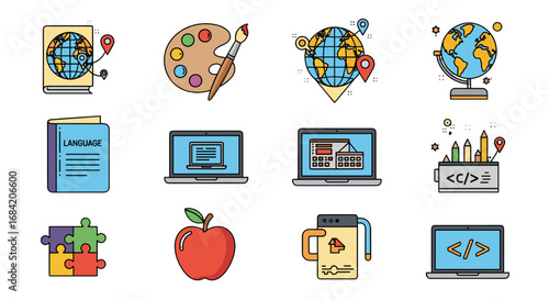 Icons representing education, learning, and creative fields