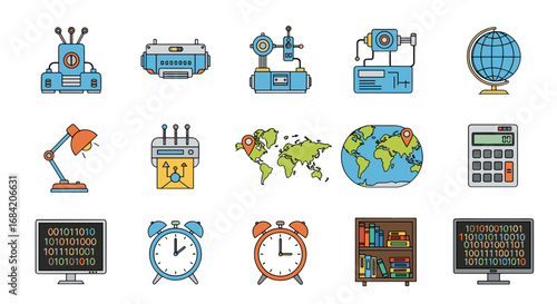 Various educational and technological icons arranged together