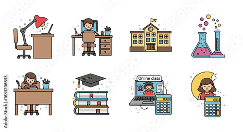 Illustration of education and learning icons various scenes