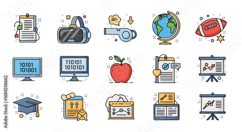 Illustration of various educational and learning related icons
