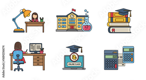 Illustrations showing education, learning and school activities