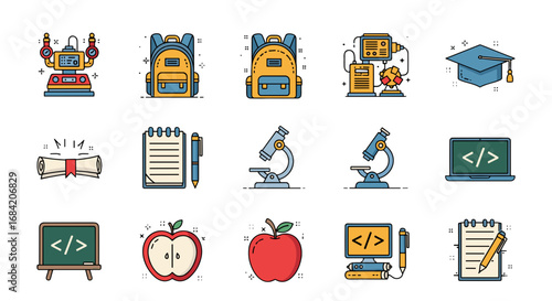 Collection of school and educational themed vector icons set