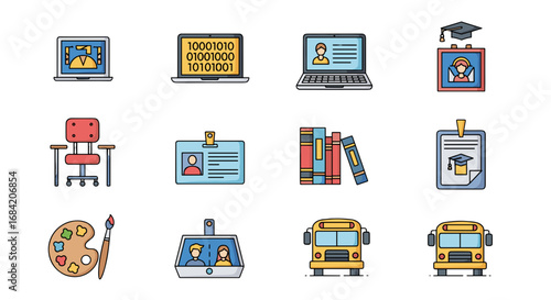Illustrations depicting school education and learning objects
