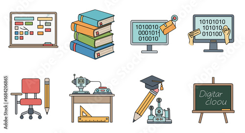 Illustration of educational tools and learning environment items
