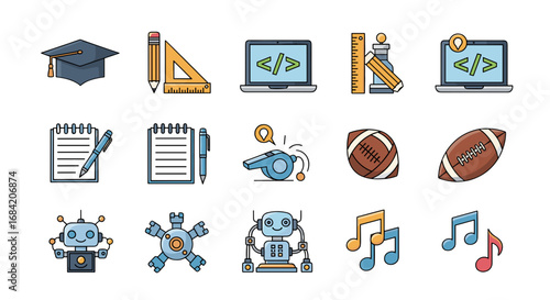 Assorted educational and recreational icons vector graphic