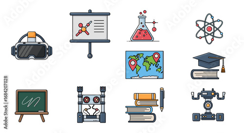 Various educational icons including science and technology