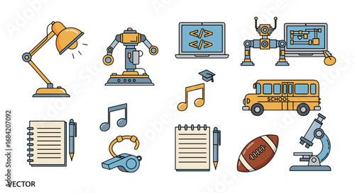 Illustration of various school and education related objects