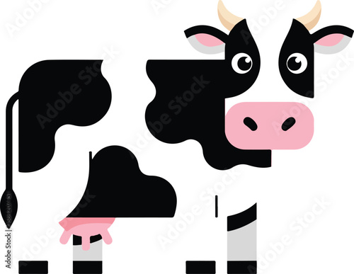 Simple illustration of a black and white cow on a farm.