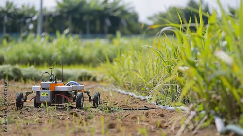 Soil detection robot with a compact gray and green body, moving across farmland or garden soil to analyze moisture, nutrient levels, and pH balance, equipped with soil-sampling probes and a digital di