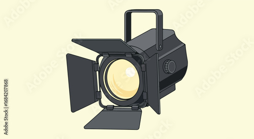 Stage spotlight illustration focused on the main subject with open barn doors ready to illuminate.
