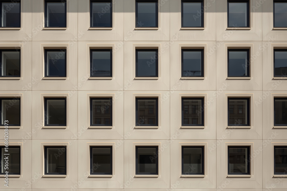 Fototapeta premium Geometric facade with symmetrical window arrangement reflecting urban environment during day