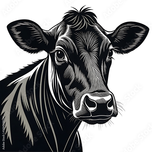 Close up of a black and white cow illustration with detailed line work on a white background