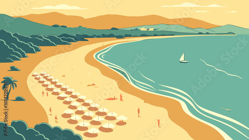 Aerial View of a Sandy Beach with Umbrellas and Sailboat at Sunset.
