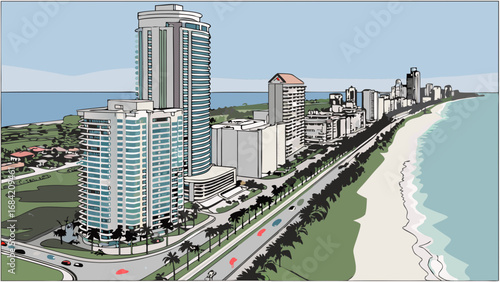 Aerial View of Coastal City Skyline Oceanfront Buildings and Beach Road.