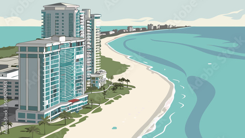 Aerial View of Coastal High-Rise Buildings Ocean and Beach.