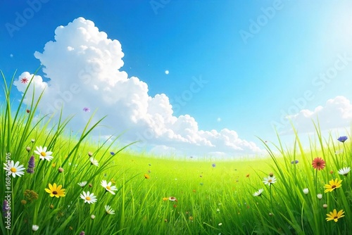 Lush green meadow with wildflowers in bloom under a bright blue sky Perfect for spring, nature, and environmental themes Ideal for websites, blogs, and print media , scenery, wildlife