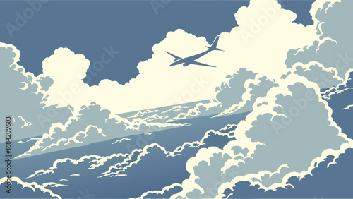 Airplane flying above the clouds aerial view abstract illustration travel journey transportation vector graphic sky cloudscape blue and white tones design element banner poster postcard website print.