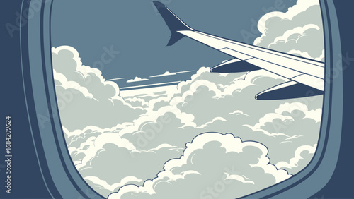 Airplane Wing View from Window Cloudscape Aerial Perspective Travel Illustration.