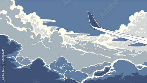 Airplane Wing Above Cloudscape Aerial View from Airplane Window Flight Travel Illustration.
