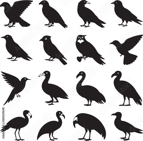Black Silhouette Icons Of Various Bird Species In Different Poses illustration graphic