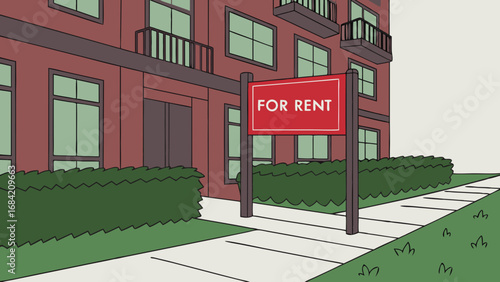 Apartment Building For Rent Sign Residential Property Rental Housing Illustration.