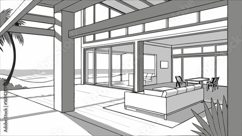 Architectural sketch of modern house with ocean view open floor plan large windows and patio furniture.