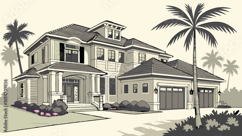 Architectural illustration of a luxury house with palm trees.