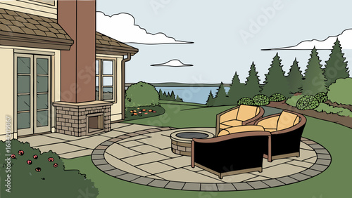 Backyard Patio Design with Fire Pit and Lake View Illustration.