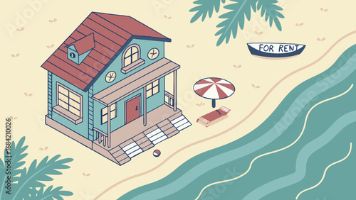 Beach house rental illustration vacation home seaside property summer getaway coastal living tropical design isometric view holiday rental ocean view beach umbrella lounge chair boat for rent sandy b.