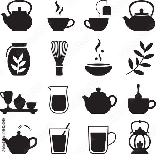 Silhouette Icons Representing Tea Ceremony and Hot Beverages teapot hot drink