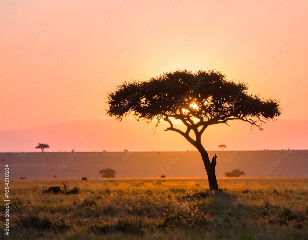 Obraz premium Sunrise over the savanna with a lone acacia tree