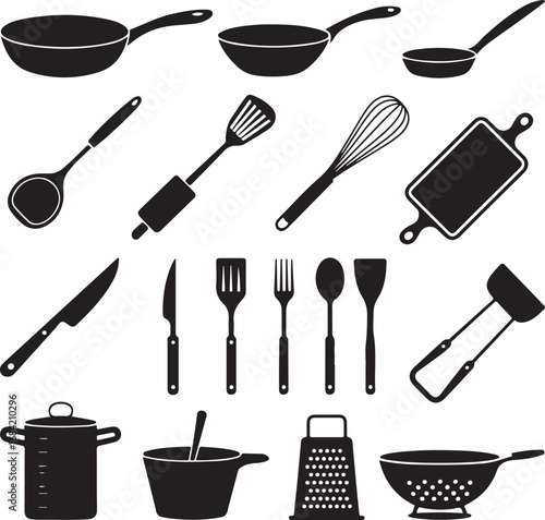 Assortment of kitchen utensils and cookware in black silhouette frying pan ladle