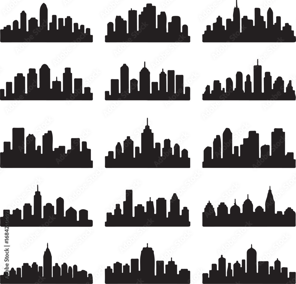 Naklejka premium Diverse collection of city skyline silhouettes in black and white urban landscape cityscape