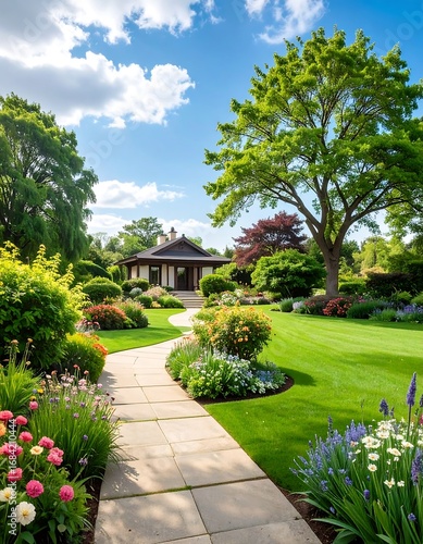 A meticulously landscaped garden path winds through vibrant floral displays and lush greenery, leading to a charming Japanese-style house, bathed in sunlight.