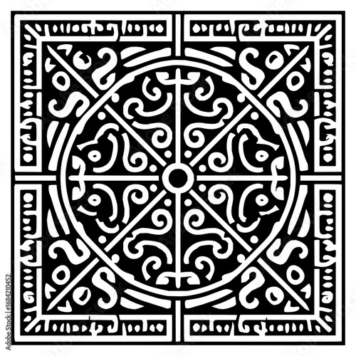 Detailed square design with central circle and radial lines in black and white colorscheme style