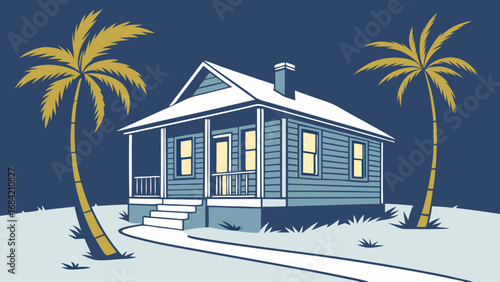Charming Cottage House Illustration at Night with Palm Trees.