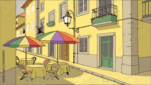 Charming outdoor cafe scene colorful umbrellas street view European style bistro tables and chairs building facade sunny day illustration graphic design restaurant eatery summer vacation travel urban.