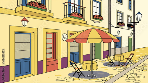 Charming Street Cafe with Outdoor Seating and Colorful Buildings.