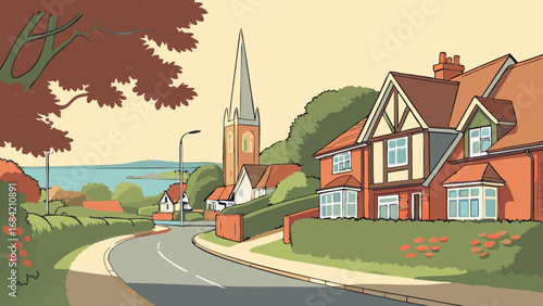 Charming Suburban Street Scene with Church Spire and Ocean View.